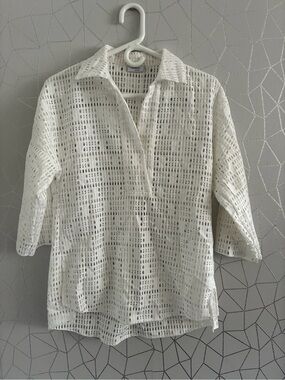Akris Punto  white Lightweight collared Eyelet shirt luxury resort-wear SZ 2